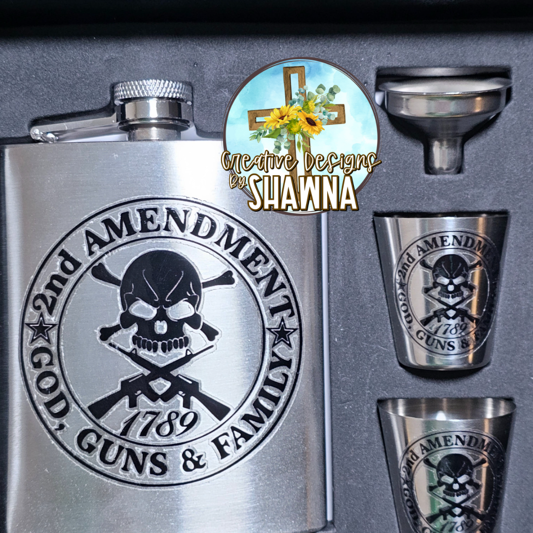 2nd Amendment Stainless Steel Flask and shot glass set