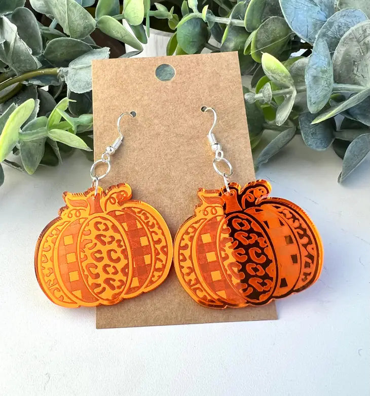 Orange Leopard Plaid Mirrored Pumpkin Acrylic Earrings