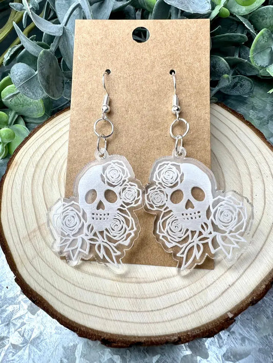 Skull and Roses Clear Acrylic Earrings