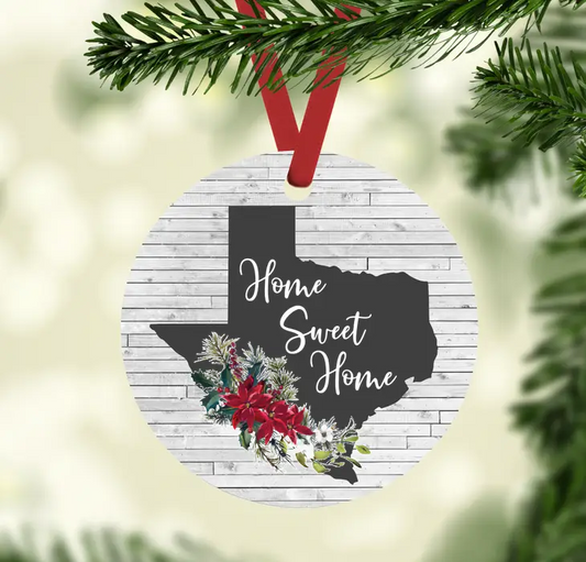 SHY Designs, LLC - Texas Home Sweet Home Christmas Ornament with Poinsettias