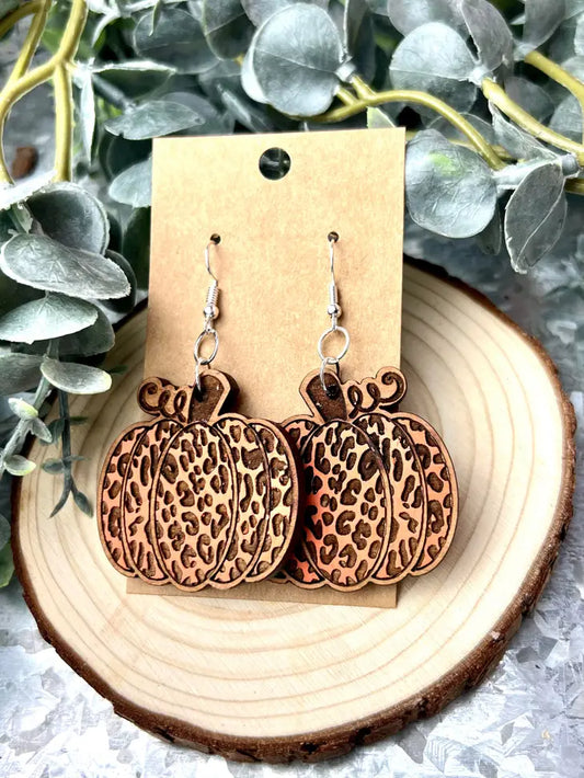 Wooden Leopard Pumpkin Earrings